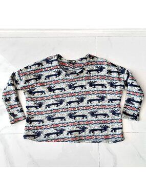Vintage Reindeer Print Striped Holiday Sweater, Wide Boxy Fit Crew Neck Knit